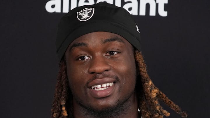Jul 24, 2025; Henderson, NV, USA; Las Vegas Raiders running back Ashton Jeanty (2) during training camp press conference at the Intermountain Healthcare Performance Center. Mandatory Credit: Kirby Lee-Imagn Images Jul 24, 2025; Henderson, NV, USA; Las Vegas Raiders running back Ashton Jeanty (2) during training camp press conference at the Intermountain Healthcare Performance Center. Mandatory Credit: Kirby Lee-Imagn Images