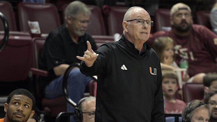 Mar 9, 2024; Tallahassee, Florida, USA; Miami Hurricanes head coach Jim Larranaga reacts during the second half against the Florida State Seminoles at Donald L. Tucker Center. Mandatory Credit: Melina Myers-Imagn Images