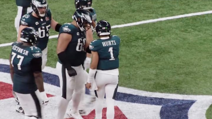 Quarterback Jalen Hurts and the Philadelphia Eagles offensive line on Fe. 9, 2025.