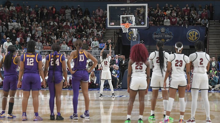 South Carolina guard MiLaysia Fulwiley (12) makes a technical foul shot after both teams scuffled on the court, during the fourth quarter of the SEC Women's Basketball Tournament Championship game at the Bon Secours Wellness Arena in Greenville, S.C. Sunday, March 10, 2024. South Carolina guard MiLaysia Fulwiley (12) makes a technical foul shot after both teams scuffled on the court, during the fourth quarter of the SEC Women's Basketball Tournament Championship game at the Bon Secours Wellness Arena in Greenville, S.C. Sunday, March 10, 2024.