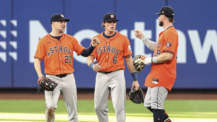 Jun 30, 2024; New York City, New York, USA; Houston Astros outfielder Chas McCormick (20), center fielder Jake Meyers (6) and right fielder Trey Cabbage (38) celebrate after defeating New York Mets 10-5 at Citi Field. Jun 30, 2024; New York City, New York, USA; Houston Astros outfielder Chas McCormick (20), center fielder Jake Meyers (6) and right fielder Trey Cabbage (38) celebrate after defeating New York Mets 10-5 at Citi Field.