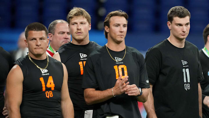 Indiana quarterback Fernando Mendoza looks on with his fellow quarterbacks during the NFL Scouting Combine.