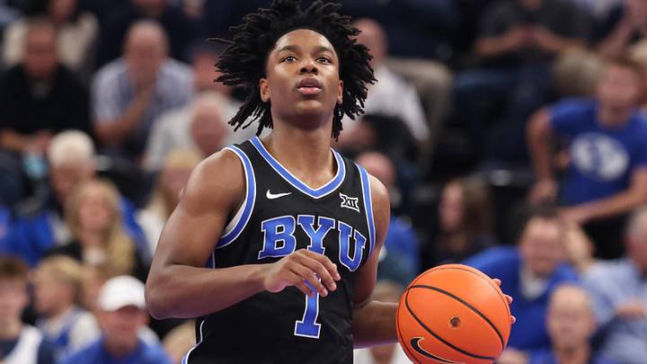 Nov 21, 2025; Salt Lake City, Utah, USA; BYU Cougars guard Robert Wright III (1) brings the ball up the court against the Wisconsin Badgers during the second half at Delta Center. Mandatory Credit: Rob Gray-Imagn Images Nov 21, 2025; Salt Lake City, Utah, USA; BYU Cougars guard Robert Wright III (1) brings the ball up the court against the Wisconsin Badgers during the second half at Delta Center. Mandatory Credit: Rob Gray-Imagn Images