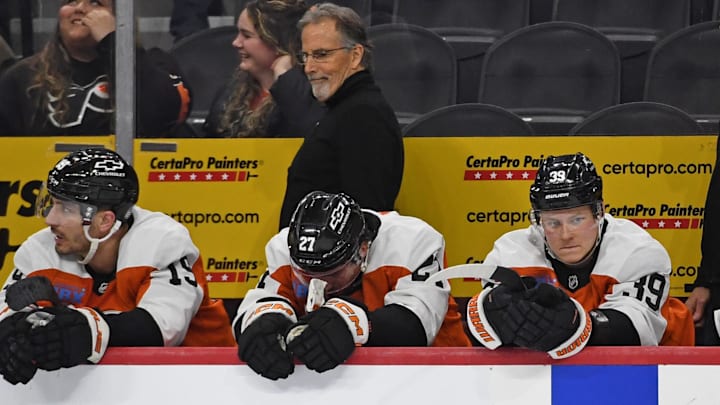 Philadelphia Flyers right wing Matvei Michkov (39) on the bench during during the third period against the New York Islanders. Philadelphia Flyers right wing Matvei Michkov (39) on the bench during during the third period against the New York Islanders.