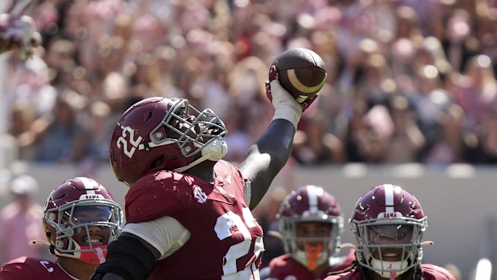 Oct 12, 2024; Tuscaloosa, Alabama, USA; Alabama Crimson Tide defensive lineman LT Overton (22) celebrates after recovering a South Carolina fumble at Bryant-Denny Stadium. Alabama defeated South Carolina 27-25. Mandatory Credit: Gary Cosby Jr.-Imagn Images Oct 12, 2024; Tuscaloosa, Alabama, USA; Alabama Crimson Tide defensive lineman LT Overton (22) celebrates after recovering a South Carolina fumble at Bryant-Denny Stadium. Alabama defeated South Carolina 27-25. Mandatory Credit: Gary Cosby Jr.-Imagn Images