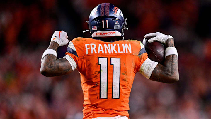 DENVER, CO - NOVEMBER 16: Denver Broncos wide receiver Troy Franklin (11) celebrates after a fourth quarter catch and first down in the fourth quarter during a game between the Kansas City Chiefs and the Denver Broncos at Empower Field at Mile High on November 16, 2025 in Denver, Colorado.