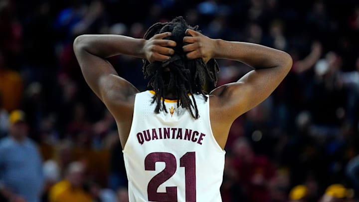 ASU center Jayden Quaintance (21) reacts after his fifth foul against Iowa State during a game at Desert Financial Arena in Tempe on Jan. 25, 2025. ASU center Jayden Quaintance (21) reacts after his fifth foul against Iowa State during a game at Desert Financial Arena in Tempe on Jan. 25, 2025.