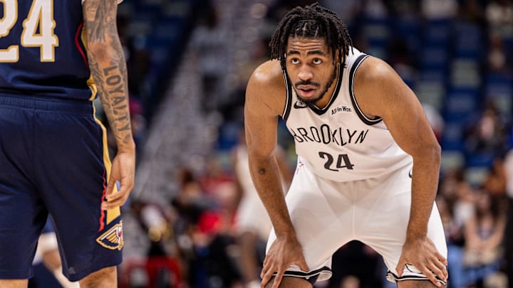 Jan 14, 2026; New Orleans, Louisiana, USA;  Brooklyn Nets guard Cam Thomas (24) looks on against the New Orleans Pelicans during the first half at Smoothie King Center. Mandatory Credit: Stephen Lew-Imagn Images