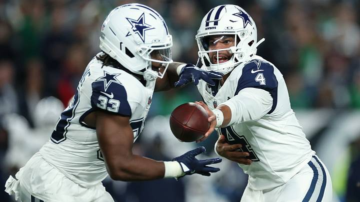 Dallas Cowboys QB Dak Prescott hands the ball off to RB Javonte Williams against the Philadelphia Eagles. Dallas Cowboys QB Dak Prescott hands the ball off to RB Javonte Williams against the Philadelphia Eagles.