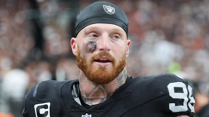 Sep 28, 2025; Paradise, Nevada, USA; Las Vegas Raiders defensive end Maxx Crosby (98) looks on from the sideline during the first quarter against the Chicago Bears at Allegiant Stadium. Mandatory Credit: Kiyoshi Mio-Imagn Images