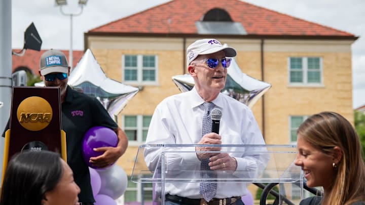 Chancellor emeritus Victor J. Boschini Jr. speaks at an event in May celebrating TCU's newest national champion, beach volleyball. Chancellor emeritus Victor J. Boschini Jr. speaks at an event in May celebrating TCU's newest national champion, beach volleyball.