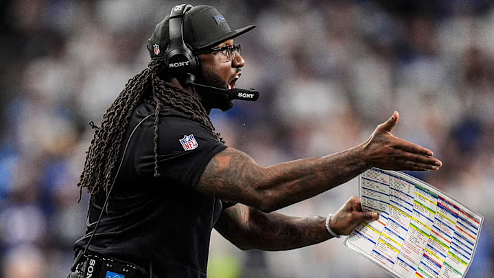 Detroit Lions defensive coordinator Kelvin Sheppard reacts to a play against Dallas Cowboys during the second half at Ford Field in Detroit on Thursday, Dec. 4, 2025.