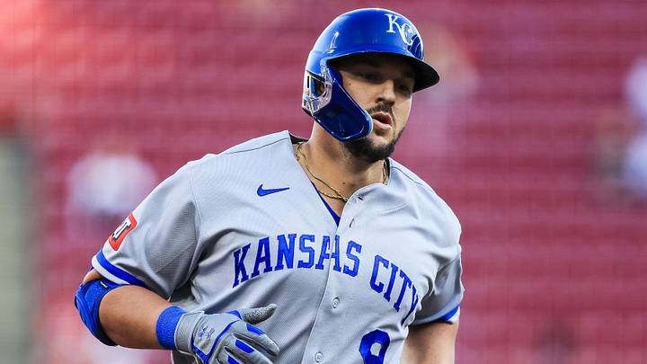 Jun 3, 2026; Cincinnati, Ohio, USA; Kansas City Royals first baseman Vinnie Pasquantino (9) runs the bases after hitting a two-run home run in the first inning against the Cincinnati Reds at Great American Ball Park. Mandatory Credit: Katie Stratman-Imagn Images