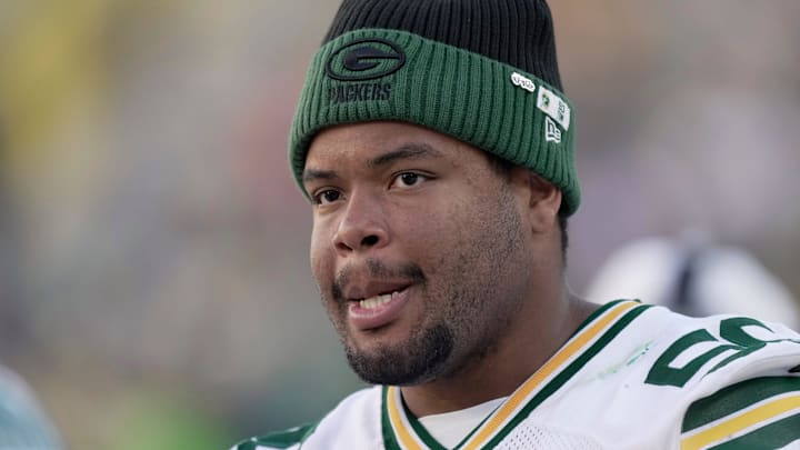 Green Bay Packers offensive tackle Zach Tom (50) is shown during the preseason game against Seattle on Aug. 23. Green Bay Packers offensive tackle Zach Tom (50) is shown during the preseason game against Seattle on Aug. 23.