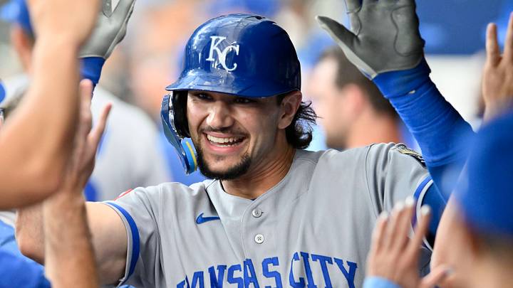 Jun 23, 2026; St. Petersburg, Florida, USA; Kansas City Royals first baseman Jac Caglianone (14) celebrates a run during the fifth inning against Tampa Bay Rays at Tropicana Field. Mandatory Credit: Pablo Robles-Imagn Images Jun 23, 2026; St. Petersburg, Florida, USA; Kansas City Royals first baseman Jac Caglianone (14) celebrates a run during the fifth inning against Tampa Bay Rays at Tropicana Field. Mandatory Credit: Pablo Robles-Imagn Images