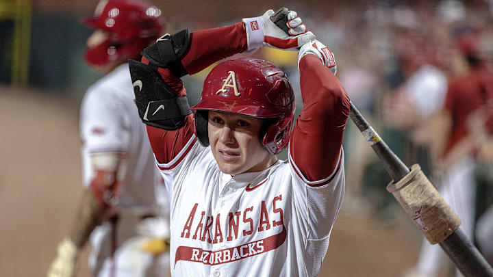 Arkansas Razorbacks outfielder Charles Davalan in the on-deck circle against the Texas A&M Aggies at Baum-Walker Stadium in Fayetteville, Ark. Arkansas Razorbacks outfielder Charles Davalan in the on-deck circle against the Texas A&M Aggies at Baum-Walker Stadium in Fayetteville, Ark.