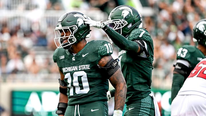 Michigan State's Wayne Matthews III, left, celebrates with Nikai Martinez after a tackle against Youngstown State during the third quarter on Saturday, Sept. 13, 2025, at Spartan Stadium in East Lansing. Michigan State's Wayne Matthews III, left, celebrates with Nikai Martinez after a tackle against Youngstown State during the third quarter on Saturday, Sept. 13, 2025, at Spartan Stadium in East Lansing.