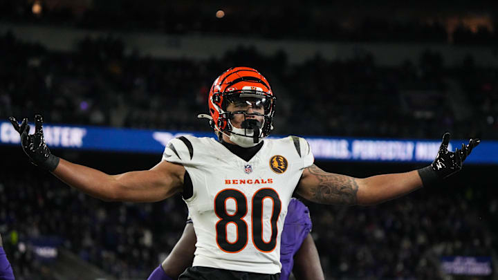 Bengals Andrei Iosivas (80) celebrates after a touchdown during their game against the Ravens at M&T Bank Stadium on Thanksgiving Thursday November 27, 2025. The Bengals won the game with a final score of 33-14.