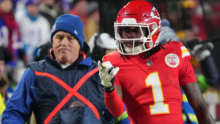 Kansas City Chiefs wide receiver Xavier Worthy (1) reacts against the Buffalo Bills during the first half in the AFC Championship game at GEHA Field at Arrowhead Stadium. Kansas City Chiefs wide receiver Xavier Worthy (1) reacts against the Buffalo Bills during the first half in the AFC Championship game at GEHA Field at Arrowhead Stadium.