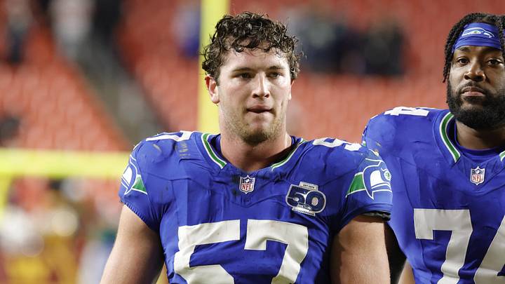 Nov 2, 2025; Landover, Maryland, USA; Seattle Seahawks linebacker Connor O'Toole (57) and Seahawks guard Josh Jones (74) walk off the field after defeating the Washington Commanders at Northwest Stadium. Mandatory Credit: Amber Searls-Imagn Images Nov 2, 2025; Landover, Maryland, USA; Seattle Seahawks linebacker Connor O'Toole (57) and Seahawks guard Josh Jones (74) walk off the field after defeating the Washington Commanders at Northwest Stadium. Mandatory Credit: Amber Searls-Imagn Images