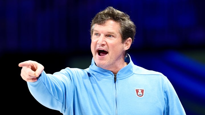 Jul 30, 2025; Arlington, Texas, USA;  Atlanta Dream head coach Karl Smesko reacts against the Dallas Wings during the second half at College Park Center. Mandatory Credit: Kevin Jairaj-Imagn Images