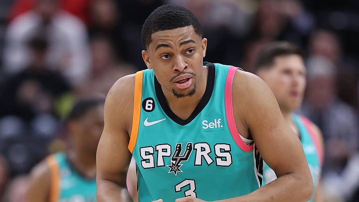 Feb 25, 2023; Salt Lake City, Utah, USA; San Antonio Spurs forward Keldon Johnson (3) reacts after a play against the Utah Jazz in the first half at Vivint Arena. Mandatory Credit: Rob Gray-USA TODAY Sports