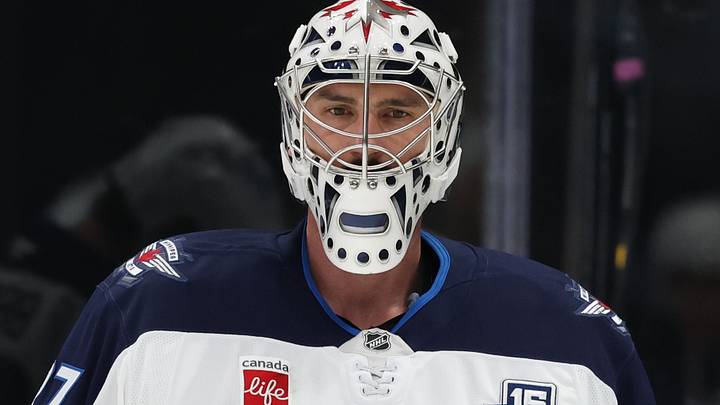 Dec 21, 2025; Salt Lake City, Utah, USA; Winnipeg Jets goaltender Connor Hellebuyck (37) warms up before a game against the Utah Mammoth at Delta Center. Mandatory Credit: Rob Gray-Imagn Images
