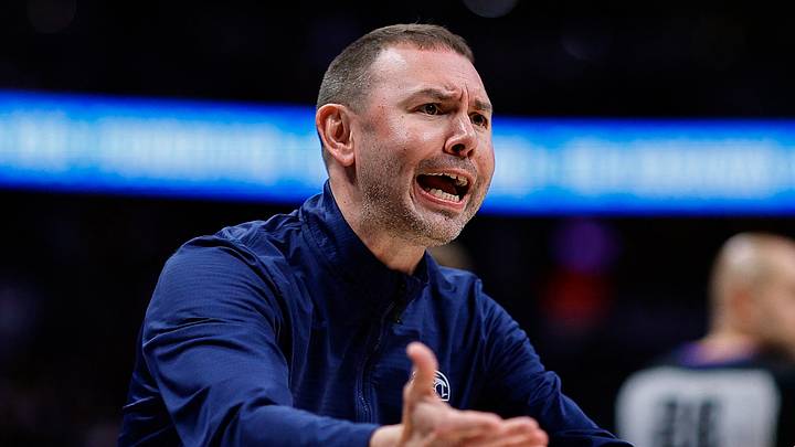 Apr 6, 2026; Denver, Colorado, USA; Denver Nuggets head coach David Adelman reacts after a call in the fourth quarter against the Portland Trail Blazers at Ball Arena. Mandatory Credit: Isaiah J. Downing-Imagn Images