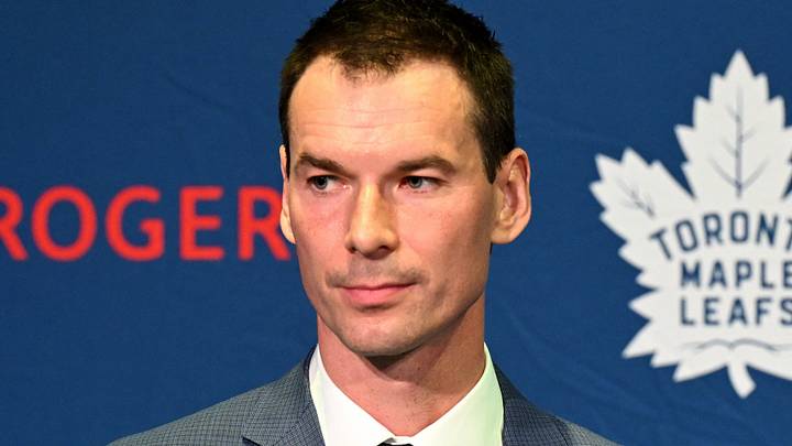 May 4, 2026; Toronto, Ontario, CANADA; Toronto Maple Leafs general manager John Chayka speaks to the media  at Real Sports Bar. Mandatory Credit: Dan Hamilton-Imagn Images