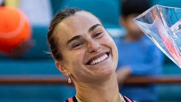 Aryna Sabalenka celebrates a victory