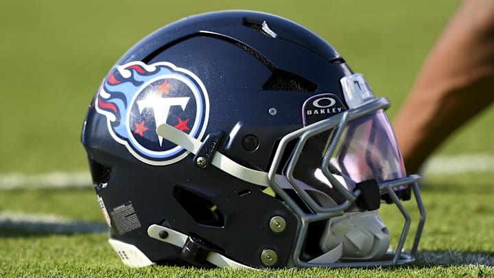 Jul 24, 2025; Nashville, TN, USA;  Tennessee Titans helmet during training camp at Ascension Saint Thomas Sports Park. Mandatory Credit: Steve Roberts-Imagn Images