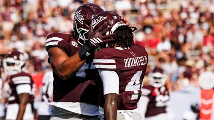 Mississippi State Cornerback DeAgo Brumfield (#4) and Mississippi State Linebacker Branden Jennings (#44) during the game between the Northern Illinois Huskies and the Mississippi State Bulldogs at Davis Wade Stadium at Scott Field in Starkville, MS. Mississippi State Cornerback DeAgo Brumfield (#4) and Mississippi State Linebacker Branden Jennings (#44) during the game between the Northern Illinois Huskies and the Mississippi State Bulldogs at Davis Wade Stadium at Scott Field in Starkville, MS.