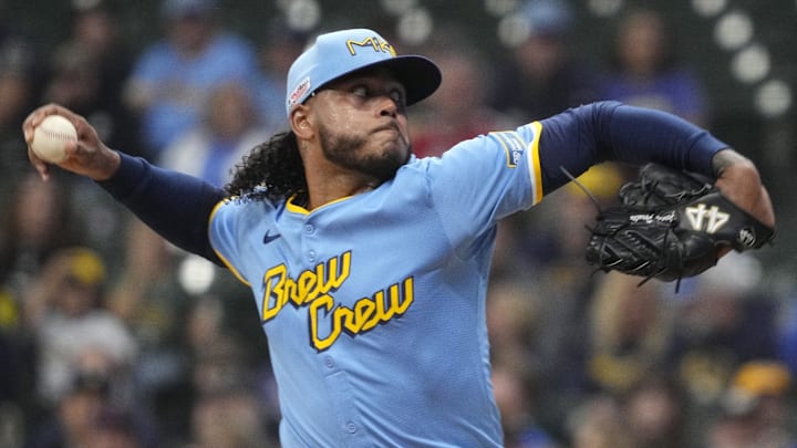Jun 13, 2025; Milwaukee, Wisconsin, USA; Milwaukee Brewers pitcher Freddy Peralta (51) delivers a pitch against the St. Louis Cardinals in the first inning at American Family Field