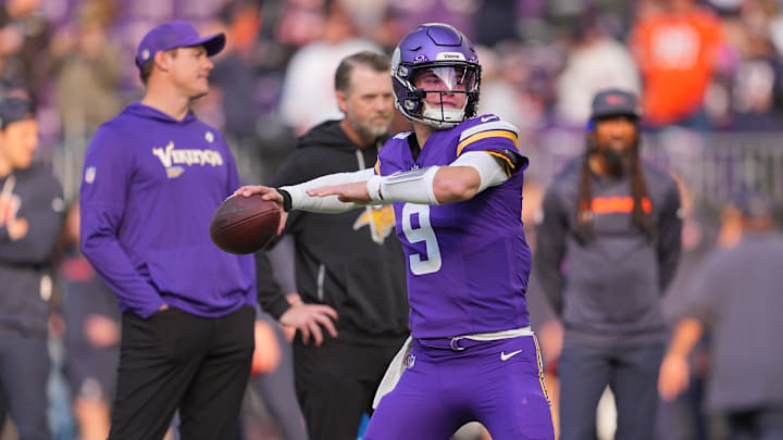 Nov 16, 2025; Minneapolis, Minnesota, USA; Minnesota Vikings quarterback J.J. McCarthy (9) warms up before a game against the Chicago Bears at U.S. Bank Stadium.