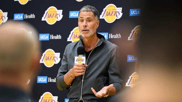 Sep 25, 2025; El Segundo, CA, USA; Los Angeles Lakers general manager Rob Pelinka speaks during a press conference to preview the 2025-26 season at UCLA Health Training Center. Mandatory Credit: William Liang-Imagn Images
