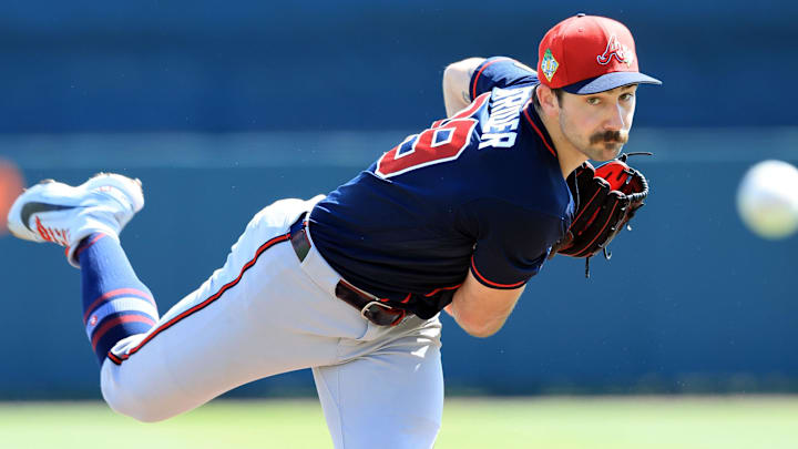 Feb 28, 2026; Sarasota, Florida, USA;  Atlanta Braves starting pitcher Spencer Strider (99) throws a pitch against the Baltimore Orioles during the first inning at Ed Smith Stadium. Mandatory Credit: Kim Klement Neitzel-Imagn Images