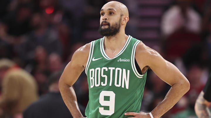 Feb 4, 2026; Houston, Texas, USA; Boston Celtics guard Derrick White (9) reacts after a play during the third quarter against the Houston Rockets at Toyota Center. Mandatory Credit: Troy Taormina-Imagn Images