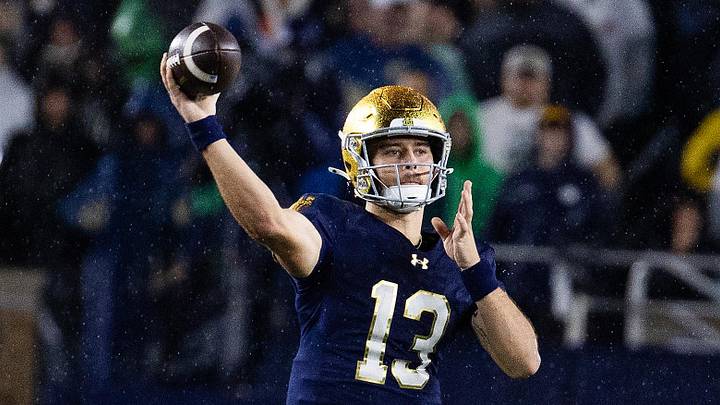 Oct 18, 2025; South Bend, Indiana, USA; Notre Dame Fighting Irish quarterback CJ Carr (13) drops back to pass the ball in the second half against the Southern California Trojans at Notre Dame Stadium. Oct 18, 2025; South Bend, Indiana, USA; Notre Dame Fighting Irish quarterback CJ Carr (13) drops back to pass the ball in the second half against the Southern California Trojans at Notre Dame Stadium.