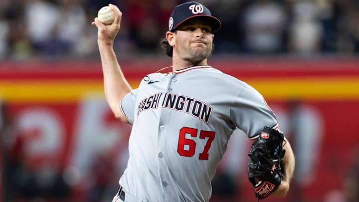 May 30, 2025; Phoenix, Arizona, USA; Washington Nationals pitcher Kyle Finnegan against the Arizona Diamondbacks at Chase Field.