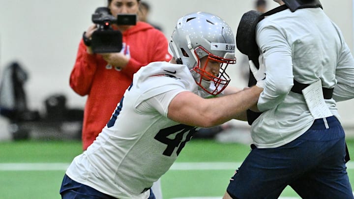 May 9, 2025; Foxborough, MA, USA; New England Patriots fullback Brock Lampe (46) works with coaching staff at rookie camp at Gillette Stadium. Mandatory Credit: Eric Canha-Imagn Images