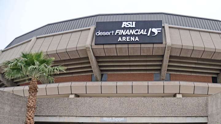 Dec 21, 2021; Tempe, Arizona, USA; Arena workers perform tasks after the game between Florida A&M and Arizona State was canceled due to power issues at Desert Financial Arena. Mandatory Credit: Joe Camporeale-Imagn Images