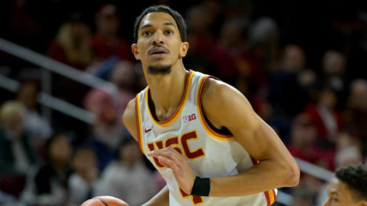 Dec 21, 2025; Los Angeles, California, USA; USC Trojans forward Chad Baker-Mazara (4) in the first half against the UC Santa Cruz Banana Slugs at Galen Center. Mandatory Credit: Jayne Kamin-Oncea-Imagn Images