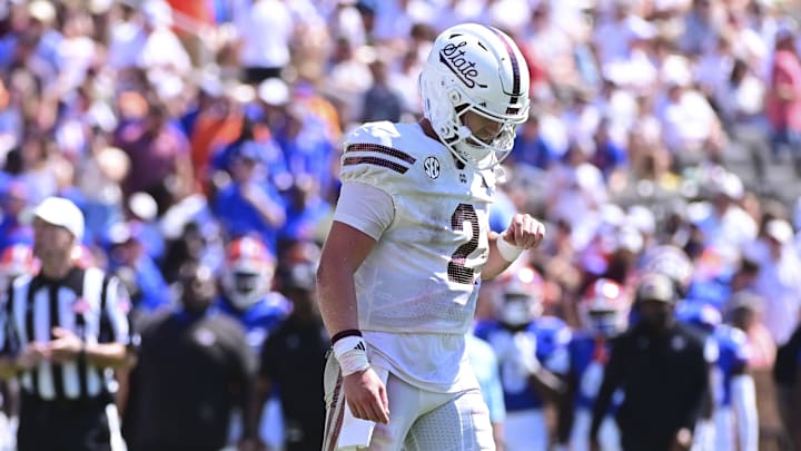 Mississippi State Bulldogs quarterback Blake Shapen (2) walks off the field after a turnover against the Florida Gators during the third quarter at Davis Wade Stadium at Scott Field.