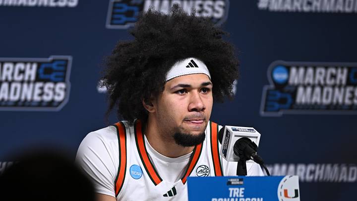 Mar 20, 2026; St. Louis, MO, USA; Miami (FL) Hurricanes guard Tre Donaldson (3) answers questions at a press conference after the game against Missouri Tigers during a first round game of the men's 2026 NCAA Tournament at Enterprise Center. Mandatory Credit: Jeff Le-Imagn Images