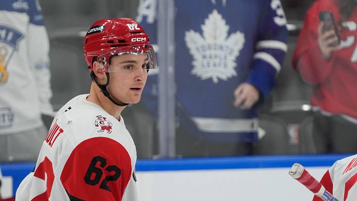 Nov 9, 2025; Toronto, Ontario, CAN; Carolina Hurricanes defenseman Charles-Alexis Legault (62) during warm up against the Toronto Maple Leafs at Scotiabank Arena. Mandatory Credit: John E. Sokolowski-Imagn Images Nov 9, 2025; Toronto, Ontario, CAN; Carolina Hurricanes defenseman Charles-Alexis Legault (62) during warm up against the Toronto Maple Leafs at Scotiabank Arena. Mandatory Credit: John E. Sokolowski-Imagn Images
