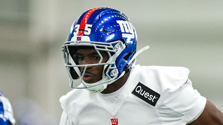 Jun 18, 2025; East Rutherford, NJ, USA; New York Giants cornerback Art Green (35) and cornerback Deonte Banks (2) participate in a drill during minicamp at Quest Diagnostics Training Center. Mandatory Credit: John Jones-Imagn Images