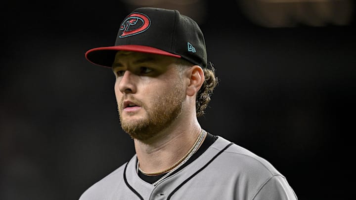 Aug 11, 2025; Arlington, Texas, USA; Arizona Diamondbacks starting pitcher Ryne Nelson (19) during the game between the Texas Rangers and the Arizona Diamondbacks at Globe Life Field. Mandatory Credit: Jerome Miron-Imagn Images