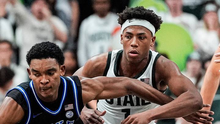 Michigan State guard Jeremy Fears Jr. (1) defends Duke guard Caleb Foster (1) during the second half at Breslin Center in East Lansing on Saturday, Dec. 6, 2025. Michigan State guard Jeremy Fears Jr. (1) defends Duke guard Caleb Foster (1) during the second half at Breslin Center in East Lansing on Saturday, Dec. 6, 2025.