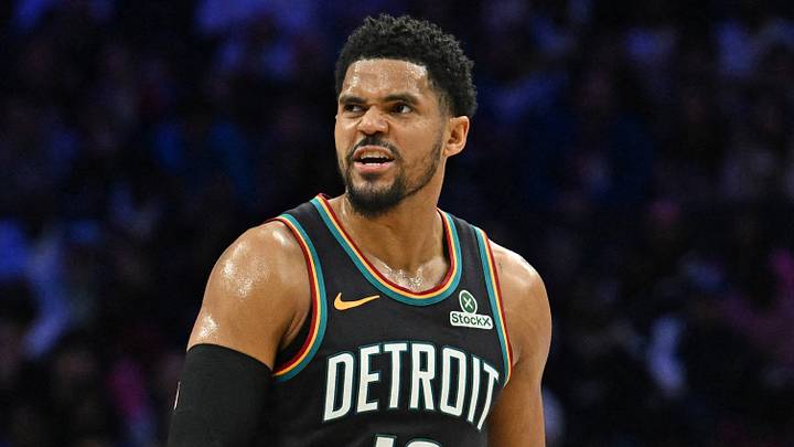 Apr 4, 2026; Philadelphia, Pennsylvania, USA; Detroit Pistons forward Tobias Harris (12) reacts after a basket  against the Philadelphia 76ers during the second half at Xfinity Mobile Arena. Mandatory Credit: Eric Hartline-Imagn Images
