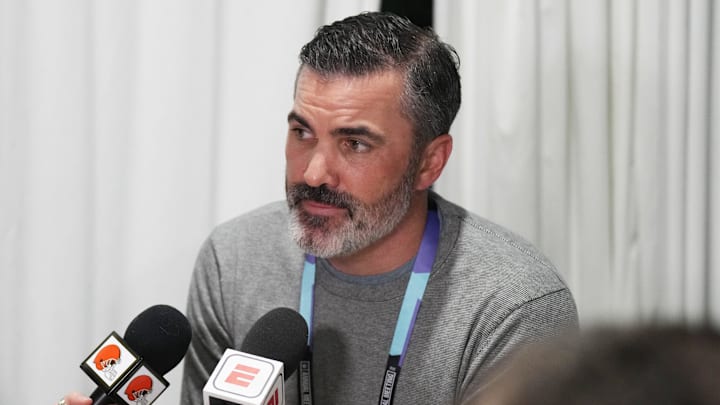 Mar 31, 2025; Palm Beach, FL, USA;  Cleveland Browns head coach Kevin Stefanski answers questions from the media during the NFL Annual League Meeting at The Breakers. Mandatory Credit: Jim Rassol-Imagn Images
